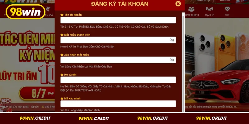 Đăng ký 98Win chi tiết qua 3 bước