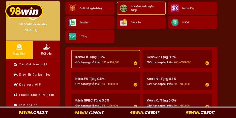 Nạp tiền bằng chuyển khoản ngân hàng