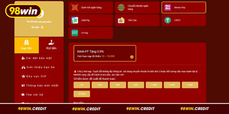 Nạp tiền tại 98Win thông qua Momo Pay